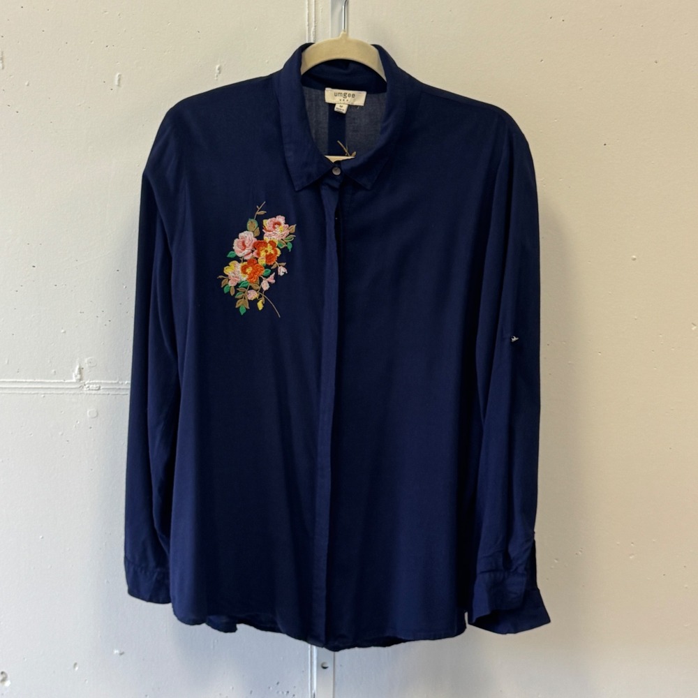 Umgee Navy Blue Floral Embroidered Button Down Shirt R7453 Medium Boho Top